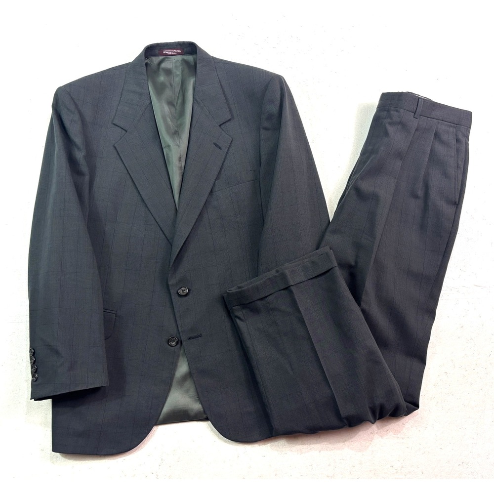 vtg‎ 90s Evan Picone 42R 34x30 2pc Pant Suit Charcoal Plaid USA Wool Pleated